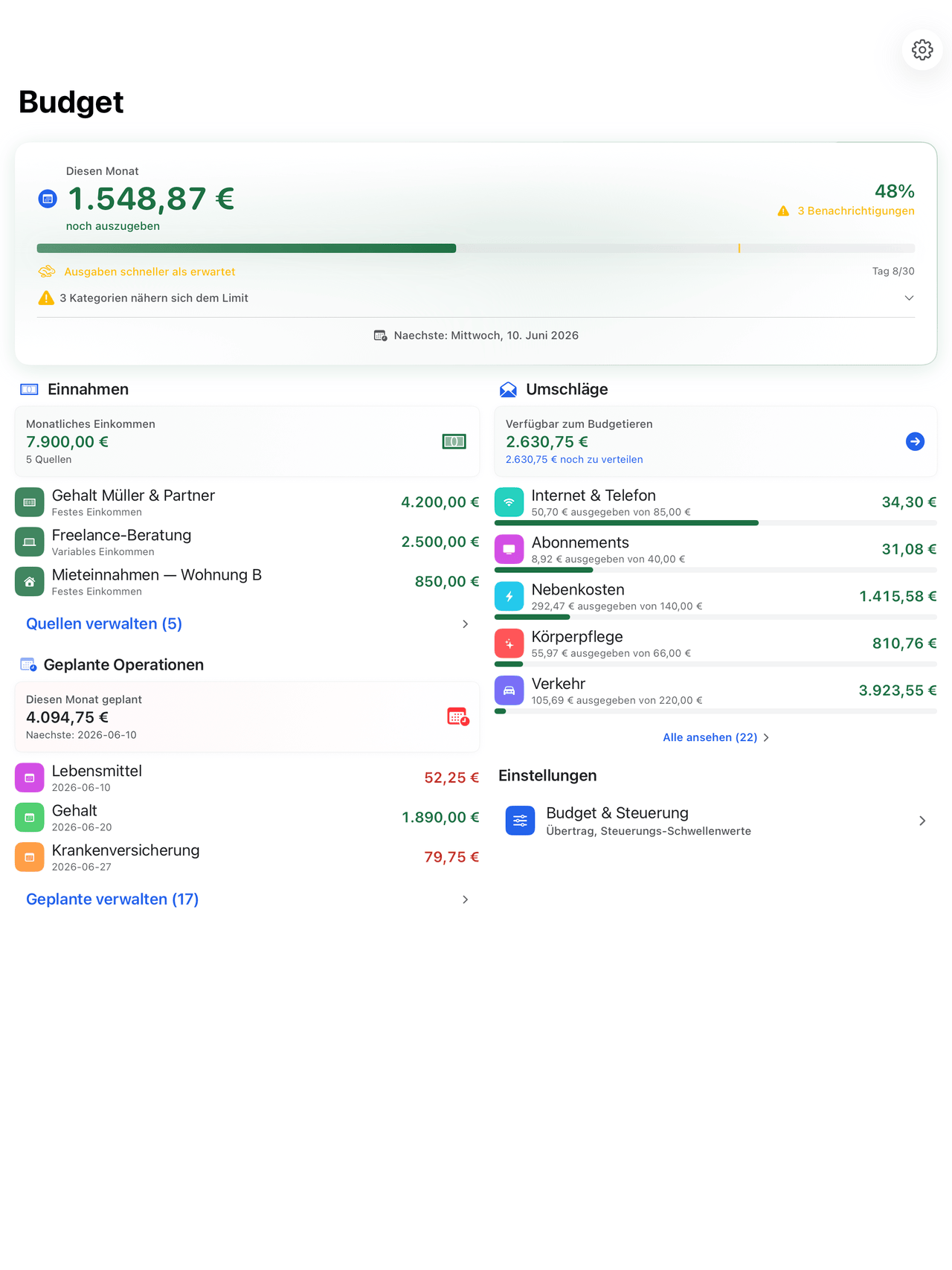 Envelope budgets with monthly progress on iPad