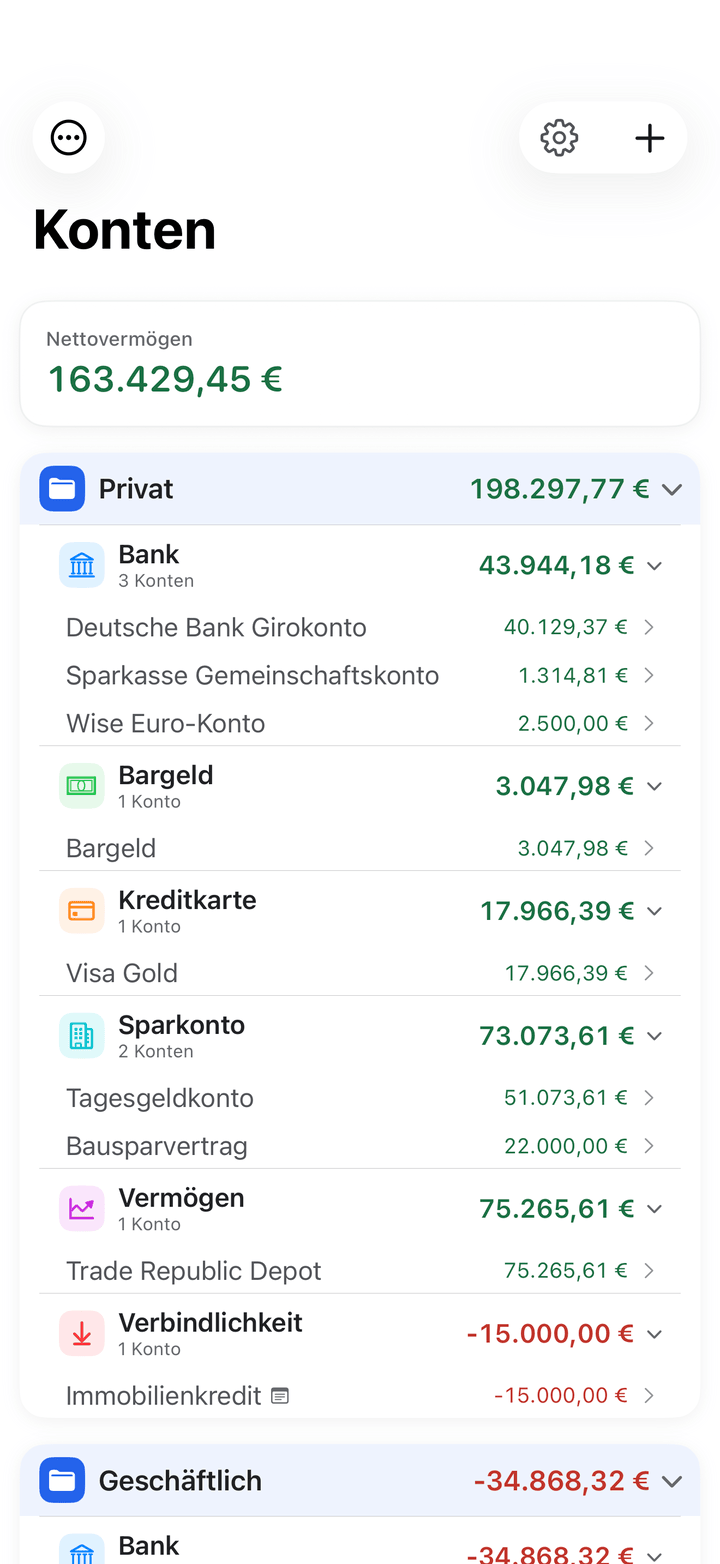 Account list with balances and transactions on iPhone