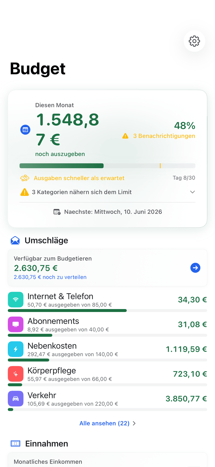Envelope budgets with monthly progress on iPhone