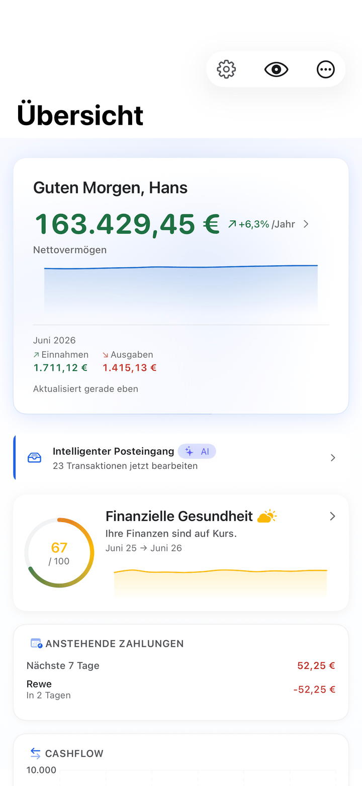 Net worth and monthly cash flow dashboard on iPhone