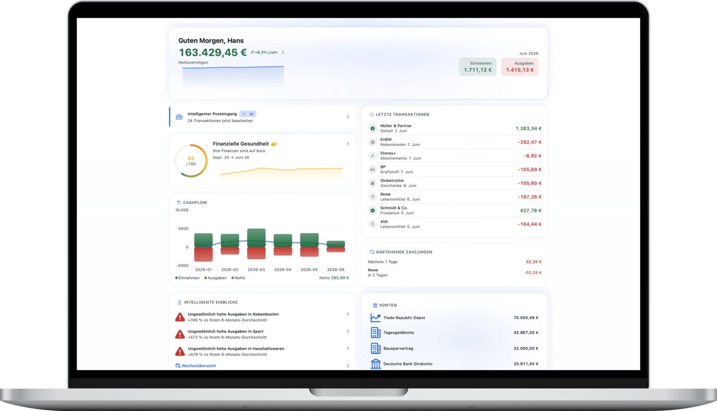 Net worth dashboard with monthly cash flow and upcoming payments on Mac
