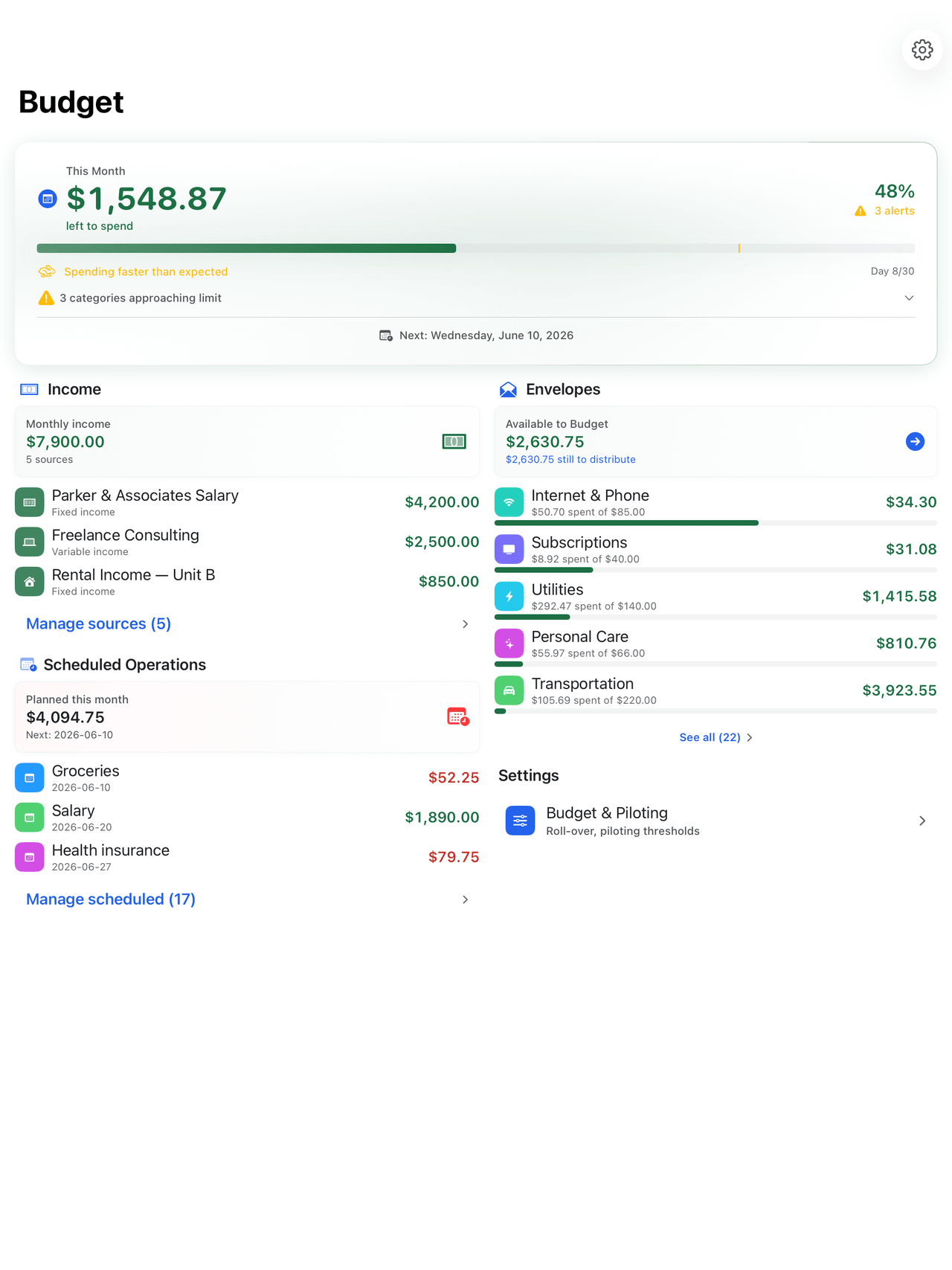 Envelope budgets with monthly progress on iPad