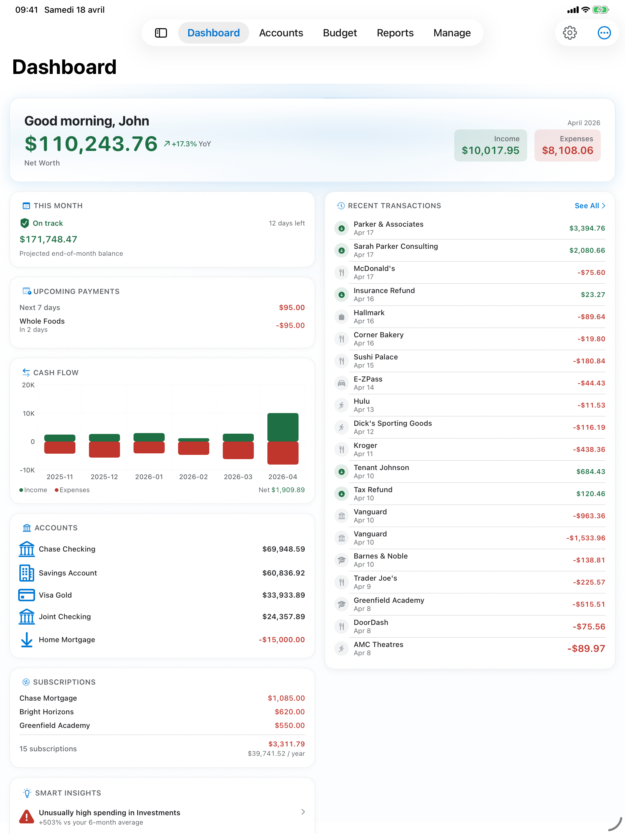 Dashboard with net worth, monthly cash flow and upcoming payments