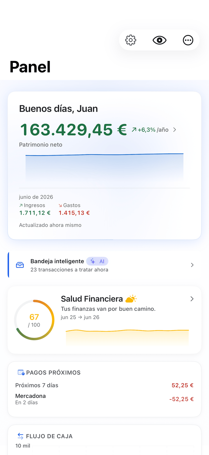 Net worth and monthly cash flow dashboard on iPhone