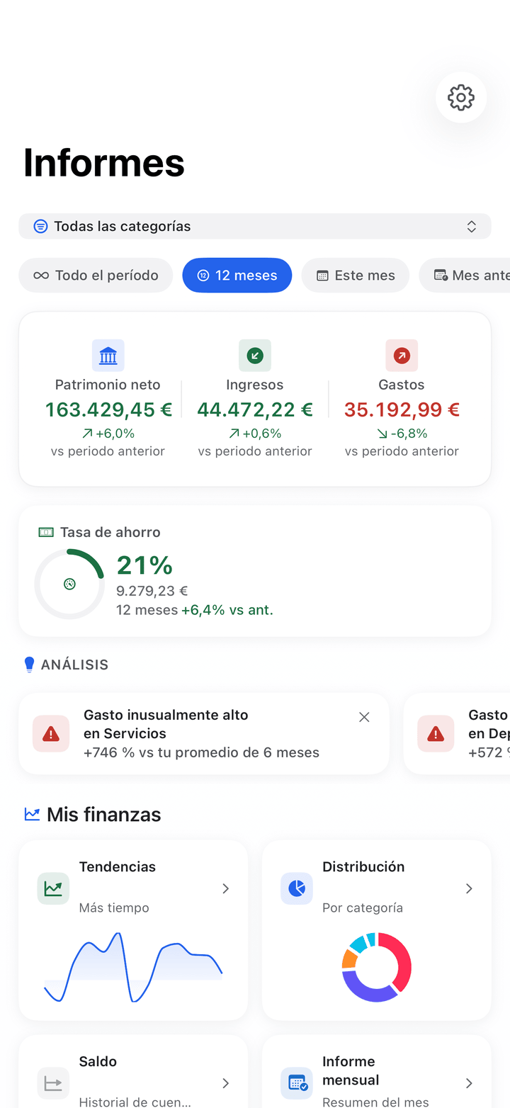 Reports with financial health score and spending trends on iPhone
