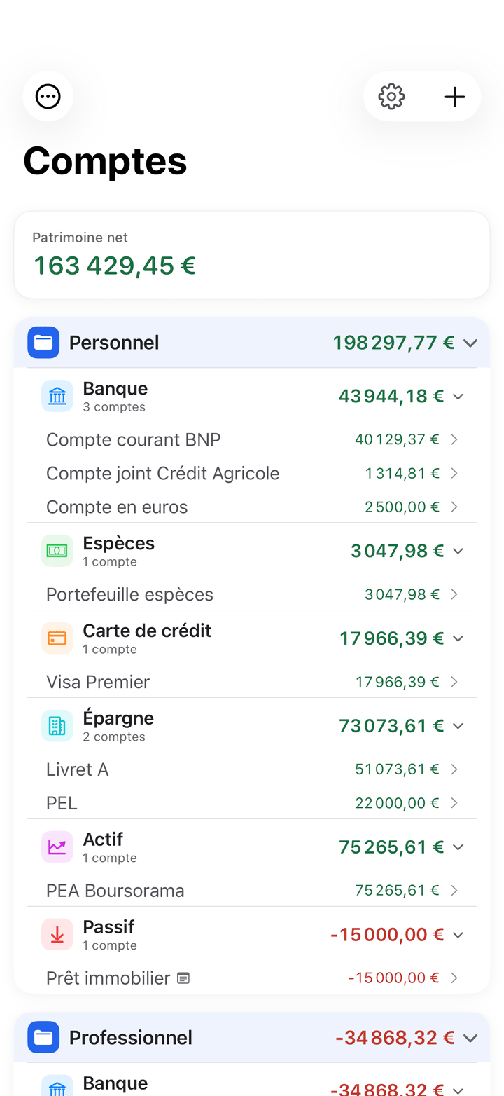 Account list with balances and transactions on iPhone