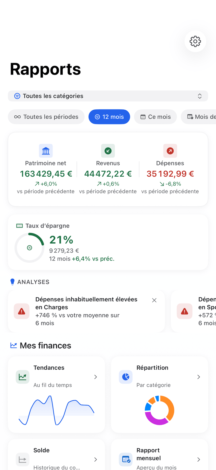 Reports with financial health score and spending trends on iPhone