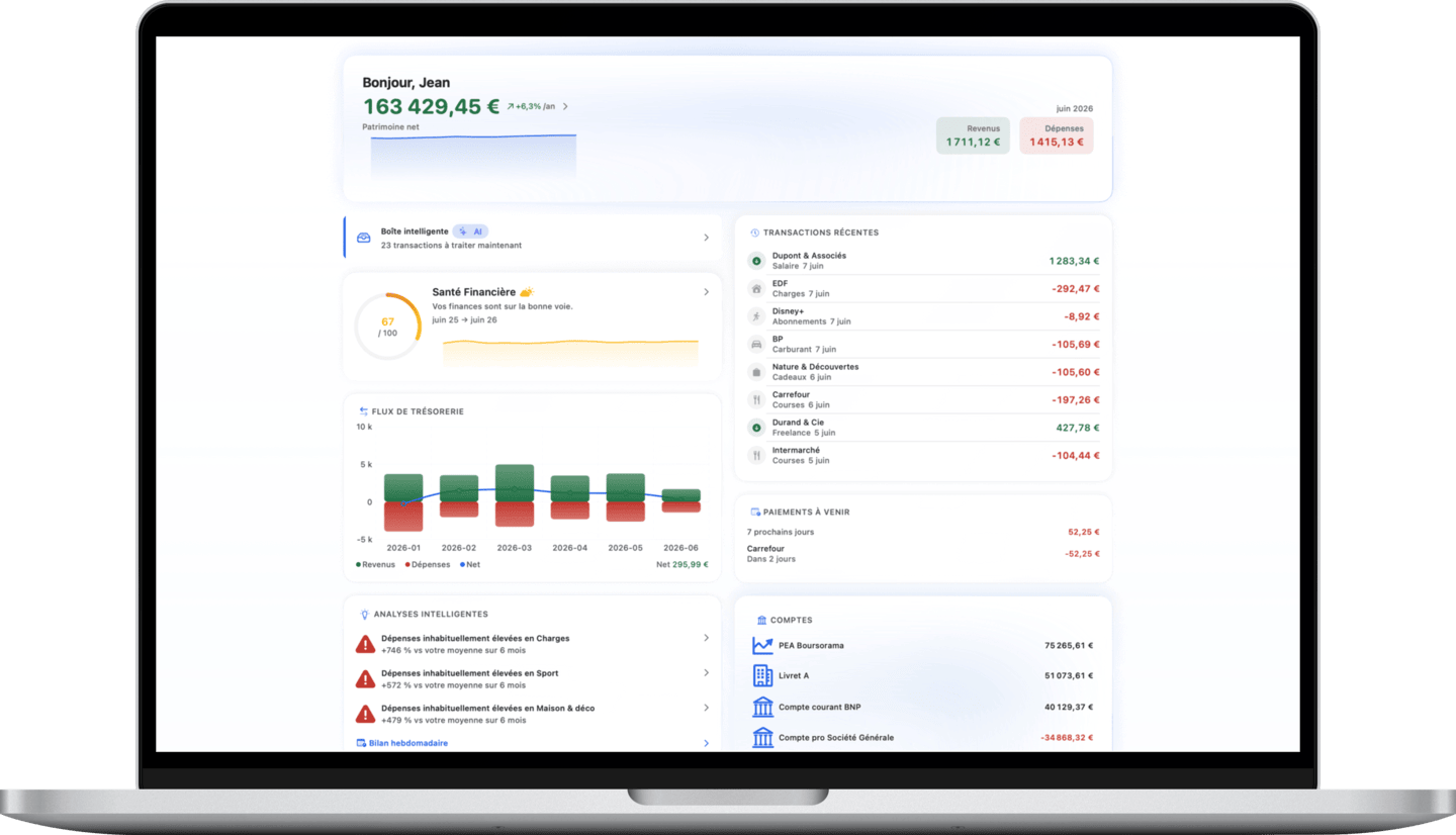 Net worth dashboard with monthly cash flow and upcoming payments on Mac