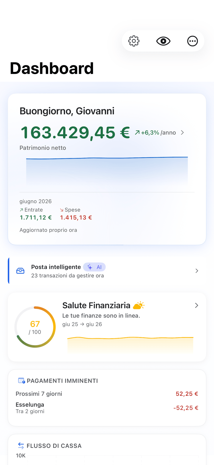 Net worth and monthly cash flow dashboard on iPhone