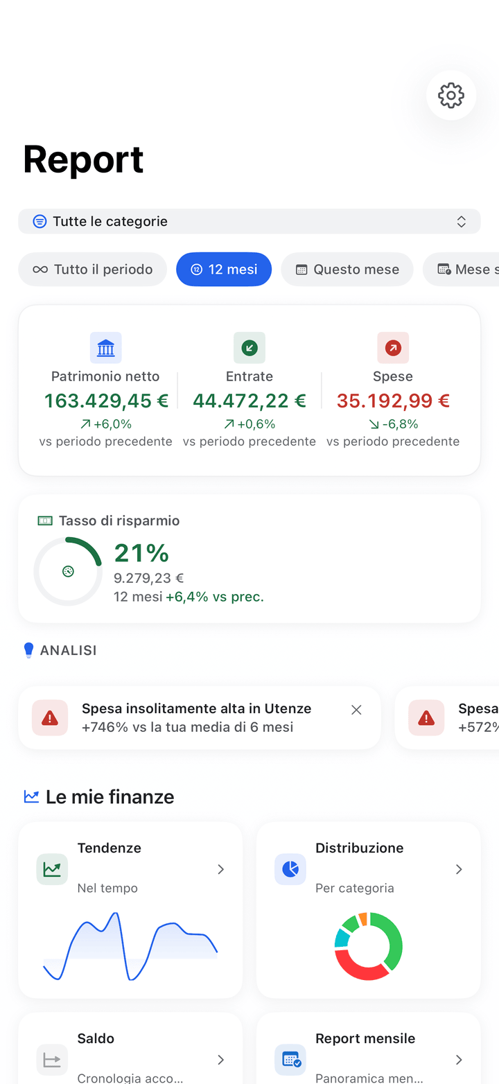 Reports with financial health score and spending trends on iPhone