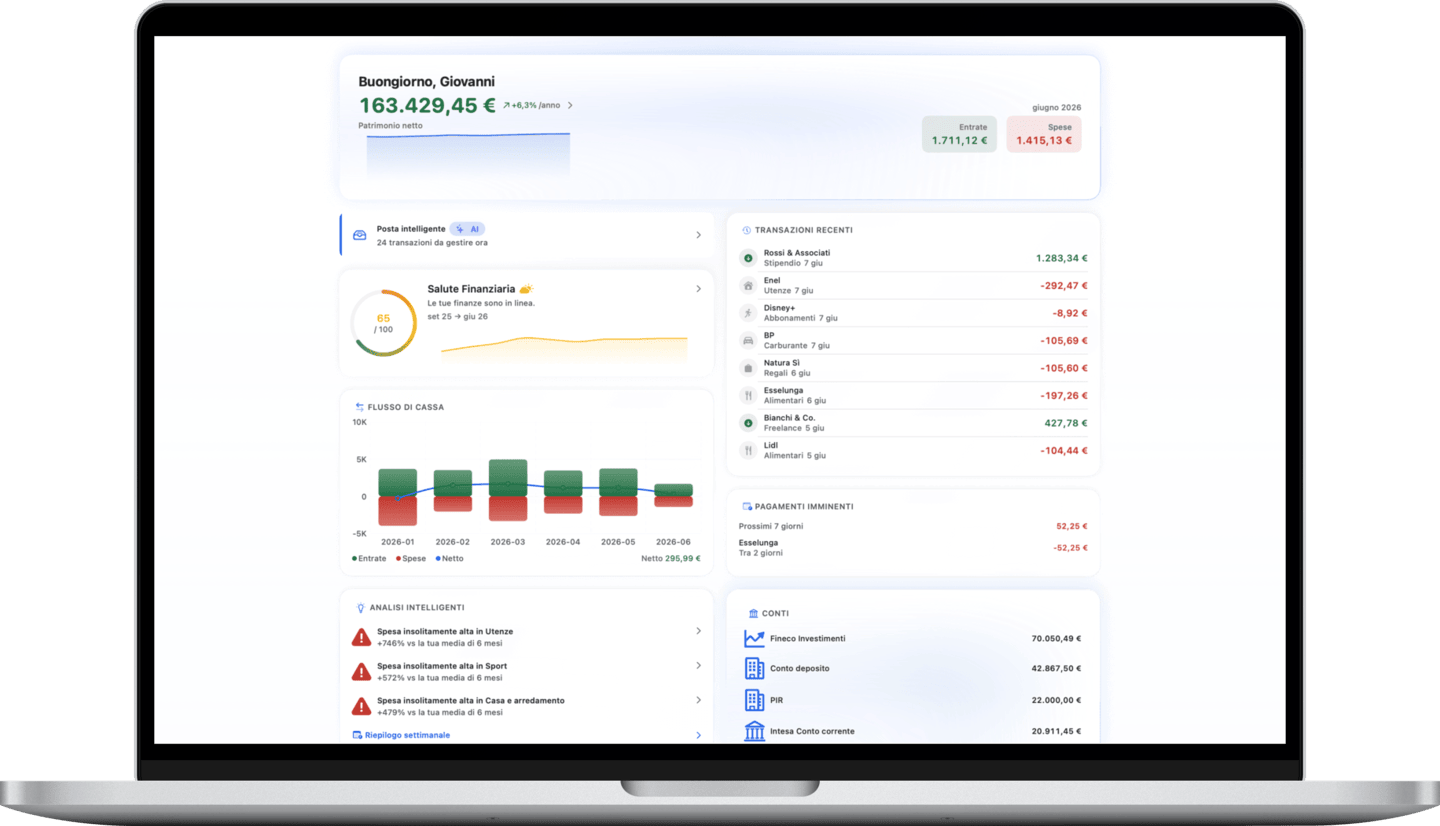 Net worth dashboard with monthly cash flow and upcoming payments on Mac