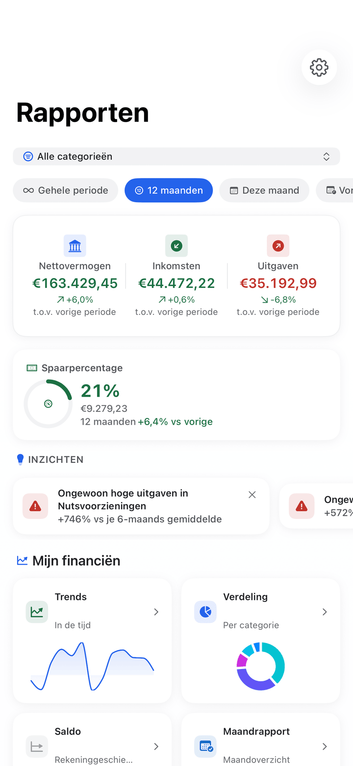 Reports with financial health score and spending trends on iPhone