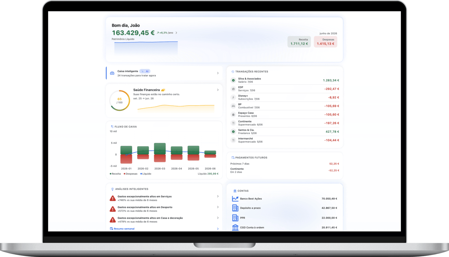 Net worth dashboard with monthly cash flow and upcoming payments on Mac